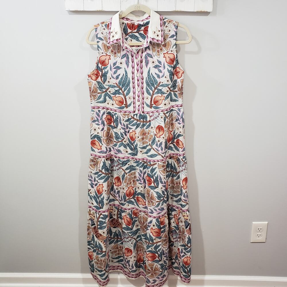 Omika Emeline Maxi Dress Womens M Floral Tiered Sleeveless Collared Boho Resort